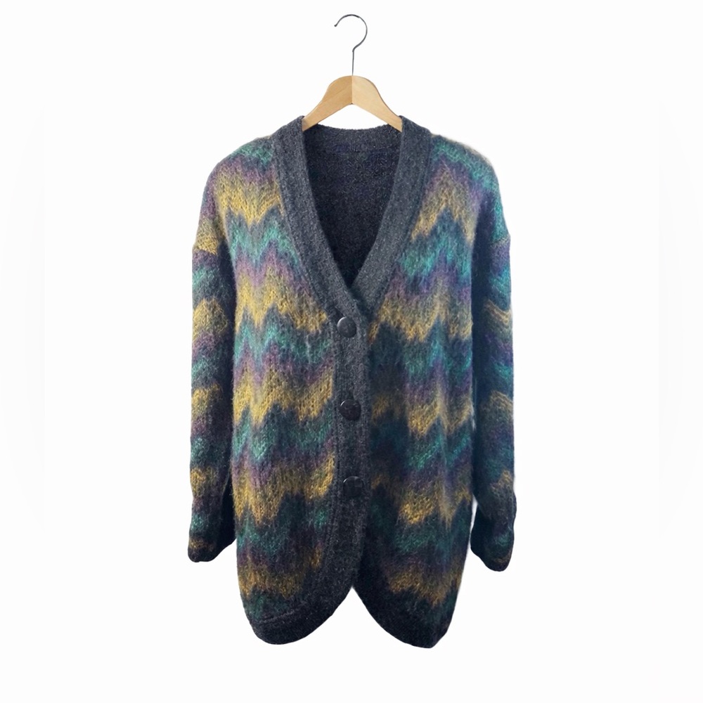 JJ Browne 80’s Chevron Cardigan Sweater Oversized Mohair Look Grandpa Core S